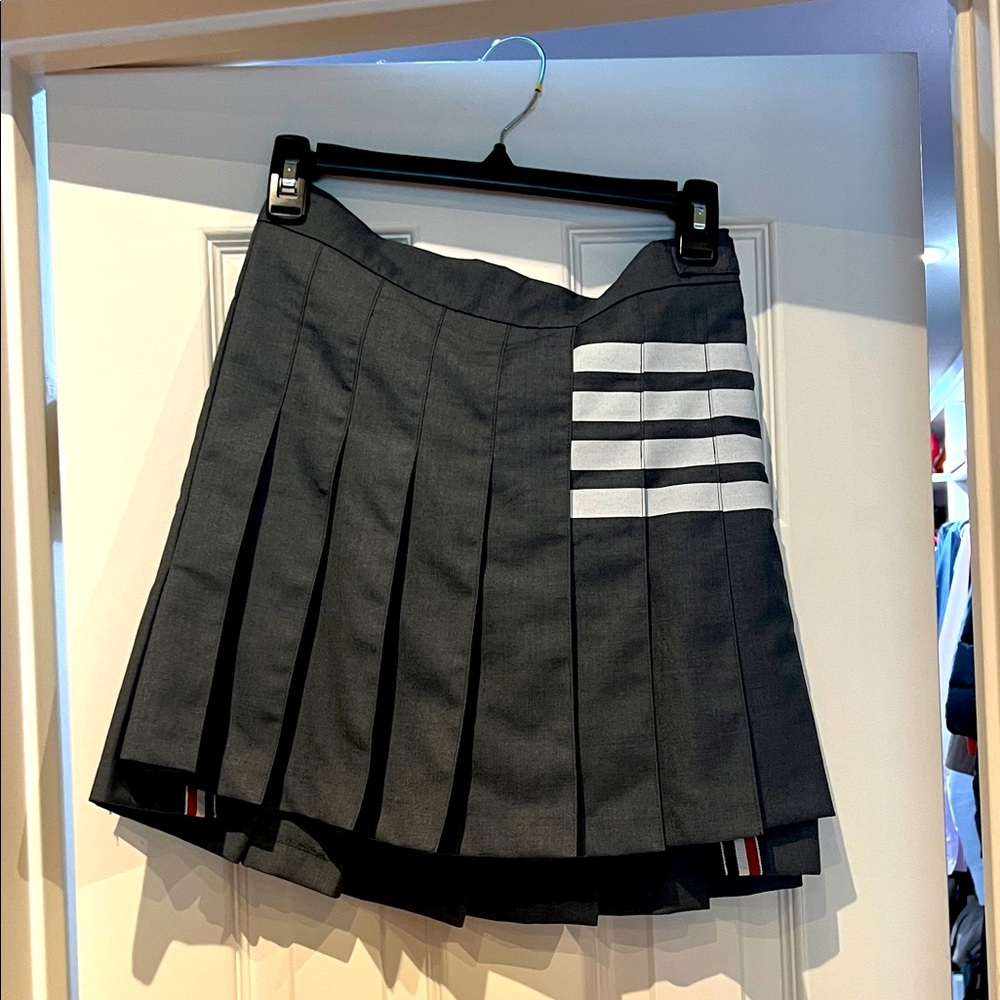 Thom Browne Dark Gray Mini Skirt with White Stripes